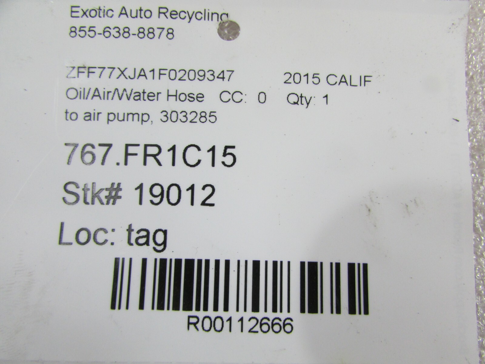 Ferrari California T, Air Pump Hose, Used, P/N 303285