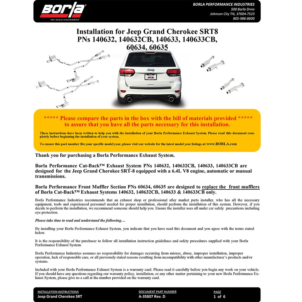 Borla 140633CB ATAK нержавеющая выхлопная труба Cat Back для Jeep Grand Cherokee SRT 15–21 годов выпуска - Изображение 3 из 4