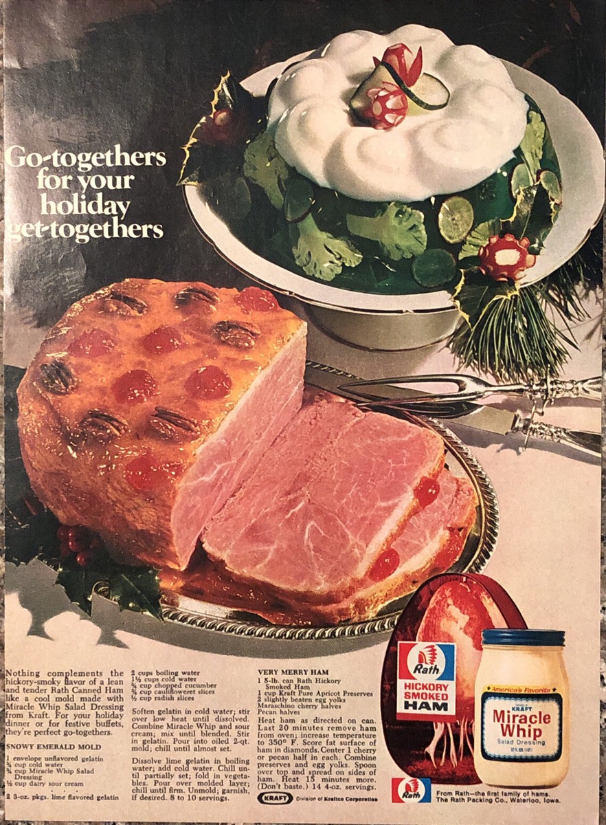 1973 Kraft Miracle Whip & Rath Canned Ham PRINT AD Holiday Recipes