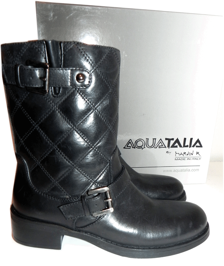 Aquatalia Boots Black Leather Quilted Flat Ankle Biker Moto Riding