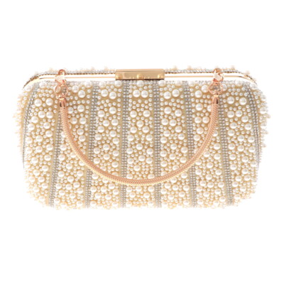 Gold Tone Metal Hardware Frame Synthetic Pearl Clutch Evening Bag