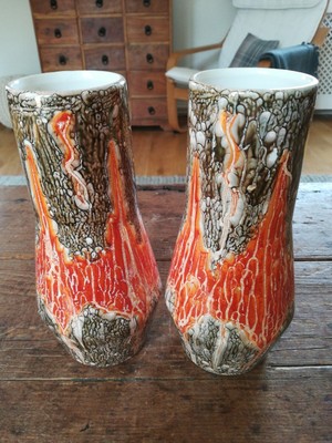 A Lovely Pair Of Vintage Sylvac Vases Orange And Green Bronze