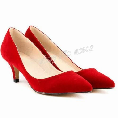 Zapatos de trabajo para mujer punta puntiaguda gatito tacón medio sin cordones vestido de fiesta gamuza zapatos de salón talla Foto 2 de 4