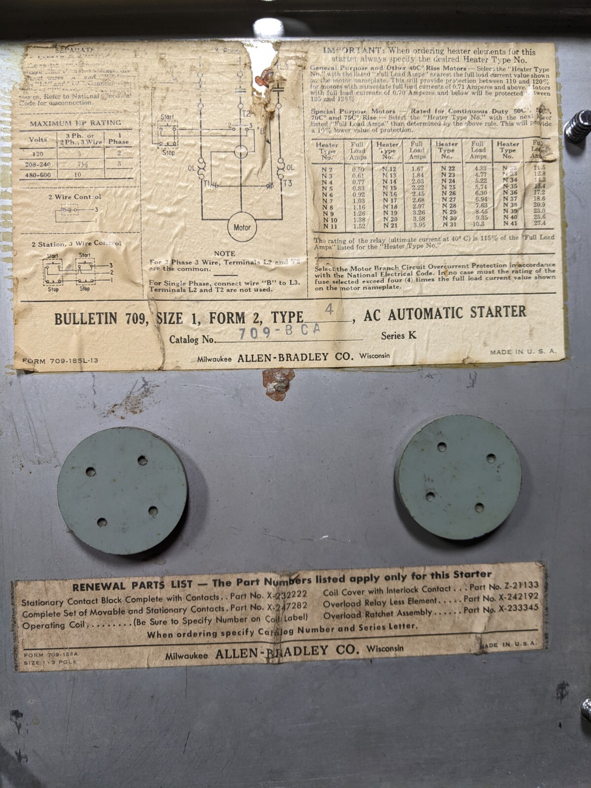 Allen Bradley 709-BCA Starter Enclosure Assembly 71A86 120/110V Coil N22 Heaters