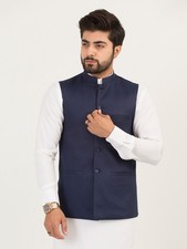 Gilet blu stili della giacca Nehru uomo pakistana: cotone collo mandarino