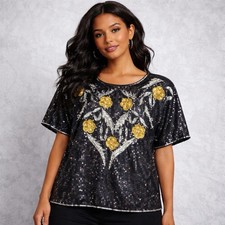 Vtg Beaded Black Gold Sequin Silk Top Blouse Flower Flapper Night Out Sz L