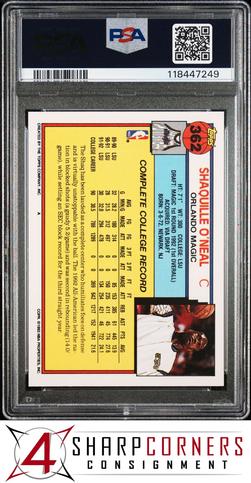 1992 TOPPS #362 SHAQUILLE O'NEAL RC HOF PSA 10 DNA AUTO 10 view 2