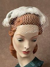 Vintage 1950  s White Hat w/Veil  White Flowers/Green Leaves
