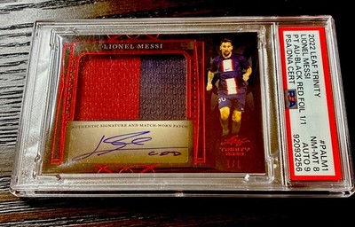 2022 Leaf Trinity Lionel Messi Patch Auto Black Red Foil 1/1 PSA 8 Auto 9