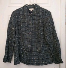 Women  s Coldwater Creek Button Longsleeve Teal Tweed Jacket Top Size L 14-16 