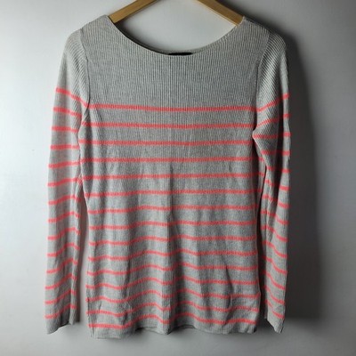 Gap Damen Gr. M grau rosa Streifen gerippt dünner Strick U-Boot-Ausschnitt Pullover Freizeit
