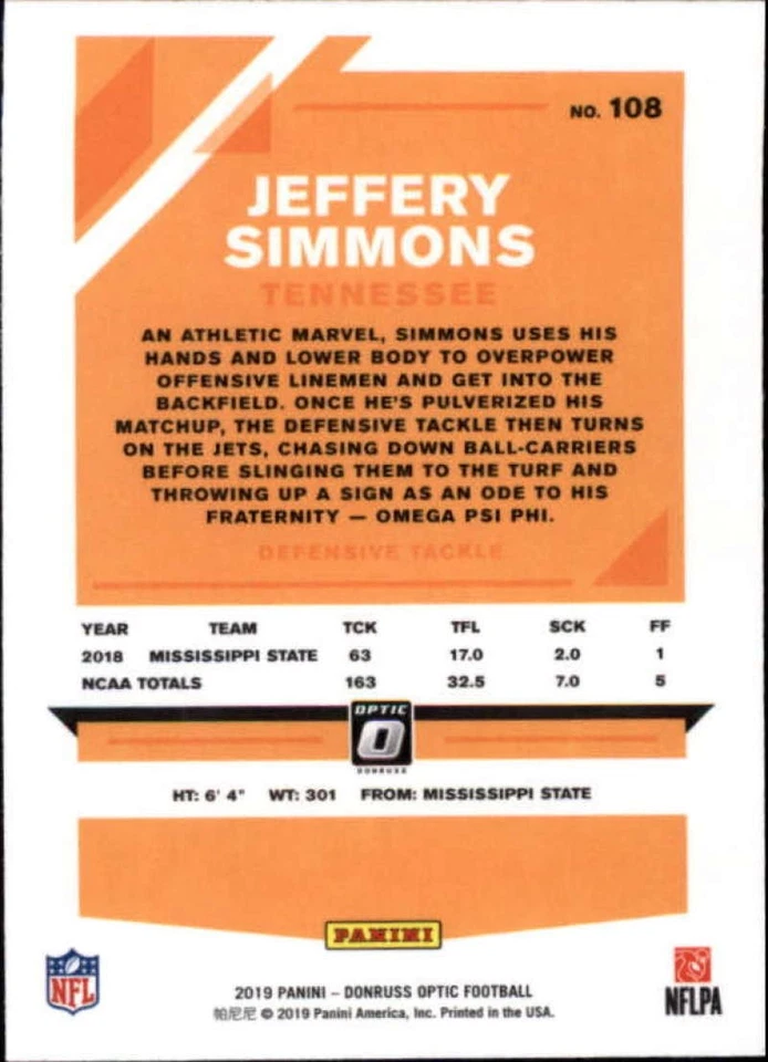 2019 Donruss Optic #108 Jeffery Simmons RC Rookie Tennessee Titans Card ID:30632 - Image 2 of 2