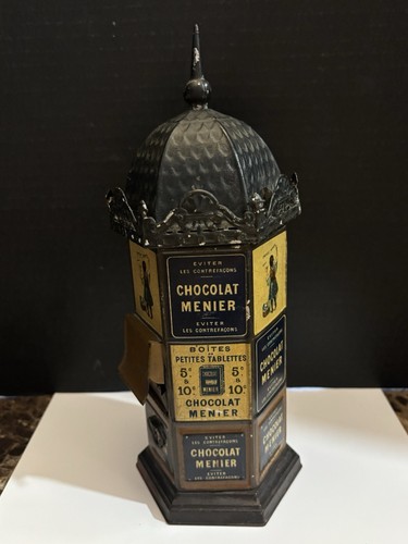 ANTIQUE FRENCH CHOCOLATE CANDY DISPENSER BANK CHOCOLAT MENIER TIN LITHO EX RARE - Picture 5 of 14