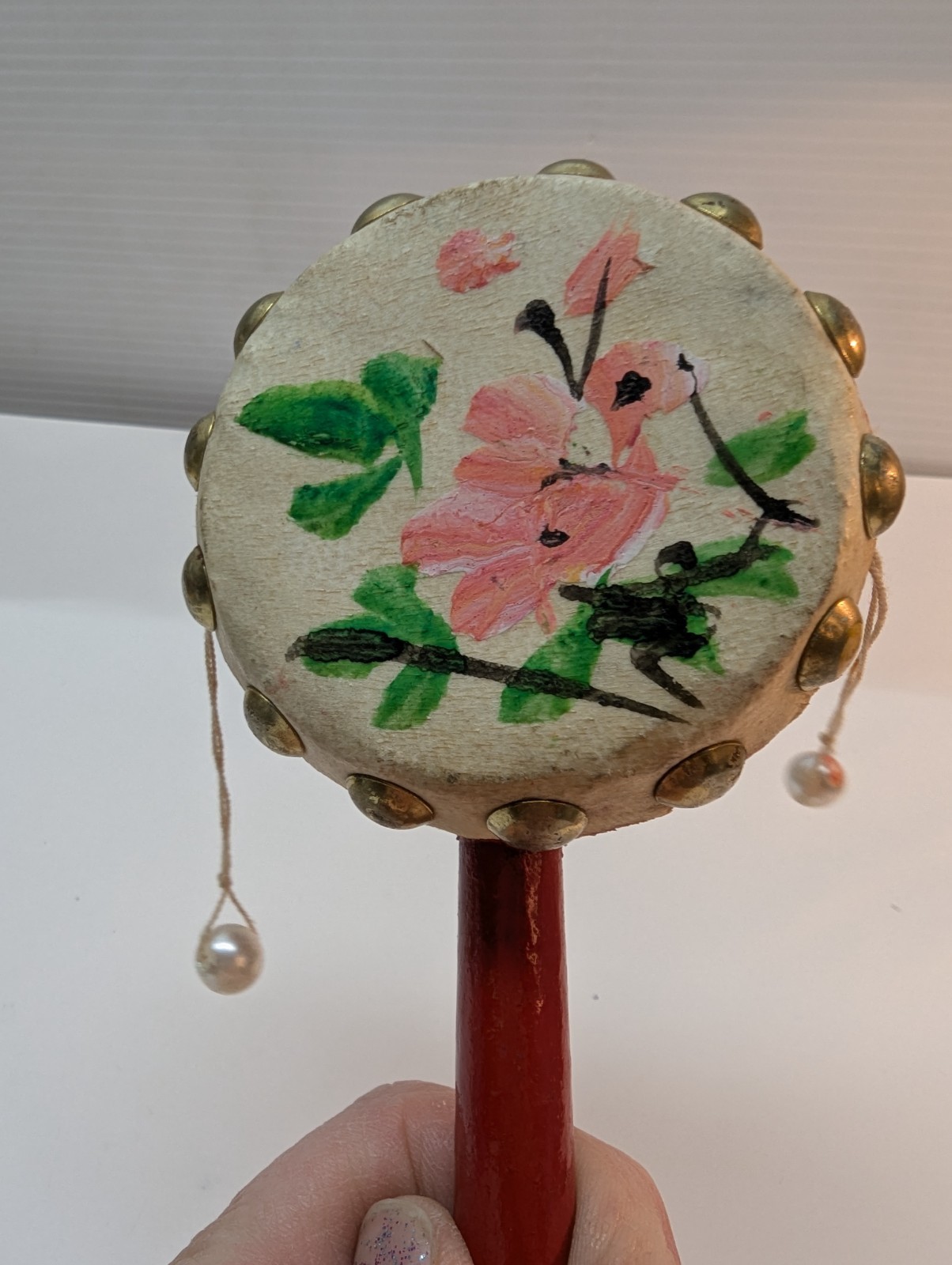 Vintage 80's Den-Den Daiko Japanese Spin Drum Toy Karate Kid Hand Instrument