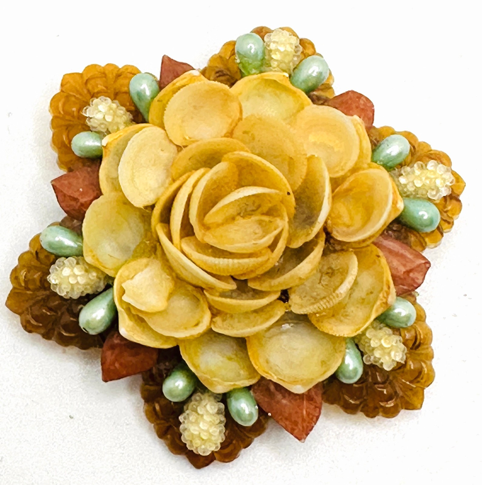 Antique Handmade Dimensional Seashell Orange Gold… - image 1