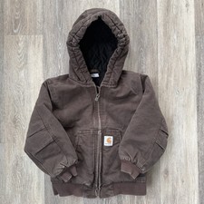 Carhartt Kids Brown Duck Canvas Hooded Full Zip Jacket Quilted Boys XS 6