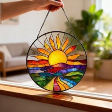 Stained Glass Sun Suncatcher  Colorful Landscape Window Hanging