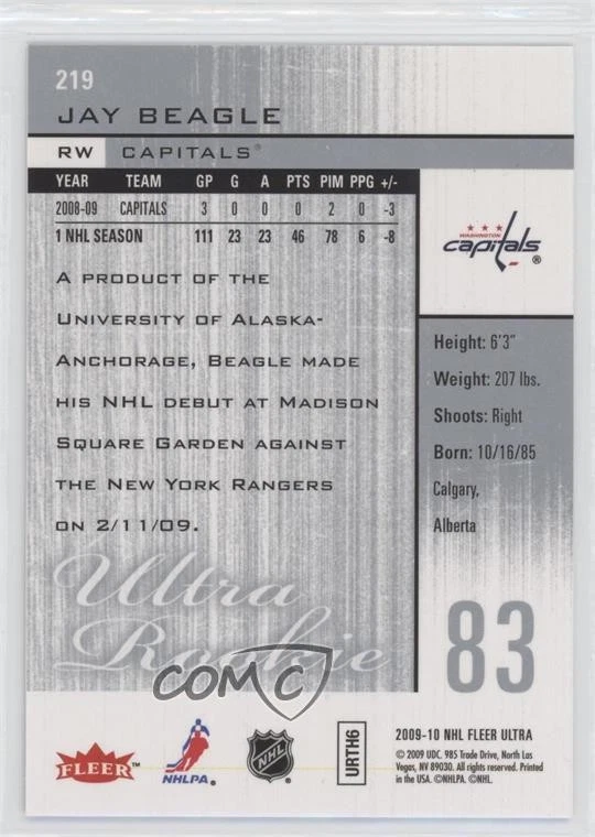 2009-10 Fleer Ultra Ultra Rookie Jay Beagle #219 Rookie RC - Image 2 of 2