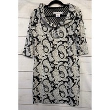 Gretchen Scott Black White Paisley Cowl Neck 3/4 Sleeve Dress M