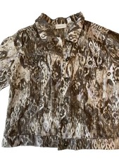 Chico's Size 2 Jacket Blazer Linen Cotton Women's L Button Up Taupe Abstract