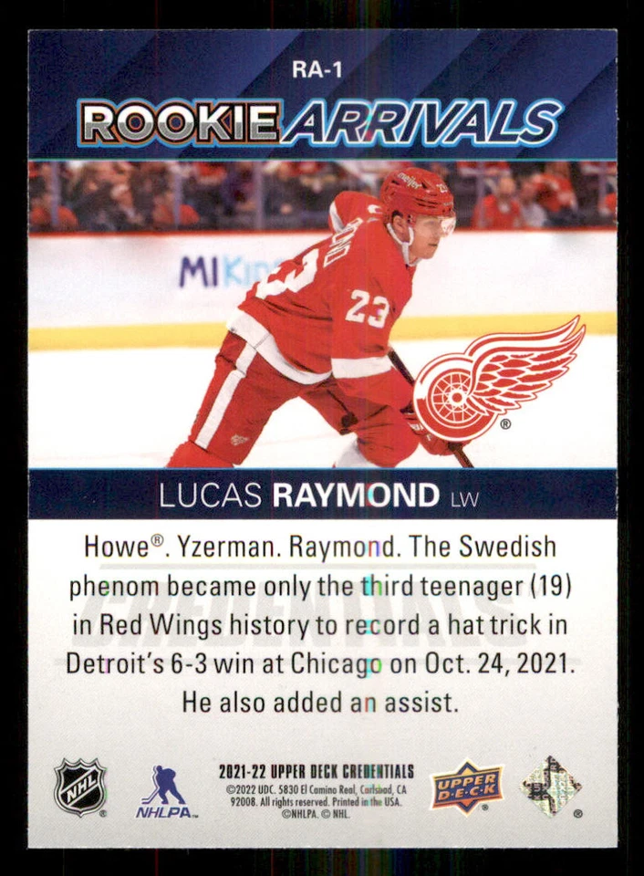 2021-22 Upper Deck Credentials Rookie Arrivals #RA1 Lucas Raymond - Image 2 of 2