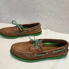 Sperry Top-Sider Boat Shoes Mens 11 Brown Leather Green Sole Aqua Laces Preppy