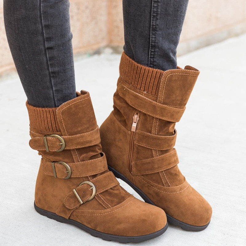 Suede Womens Flat Mid Calf Boots Women's Suede Zipper Keep Warm