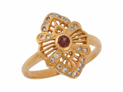 10k or 14k Yellow Gold Simulated Ruby and White CZ Ladies Shield Design Ring