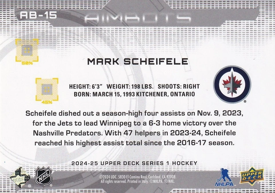 2024-25 Upper Deck Series 1 Mark Scheifele Aimbots No. AB-15 Winnipeg Jets - Image 2 of 2
