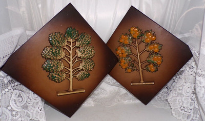 Vintage Syroco Dart Ind Küche 3D Wandbild Bäume Jahreszeiten Plaketten 60er Jahre