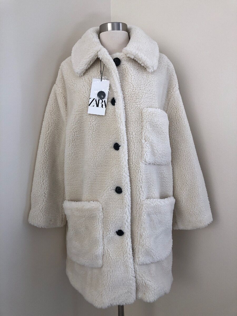 Zara Womens Sherpa Fleece Teddy Bear Coat Size L Ecru White Zara Womens Sherpa Fleece Teddy Bear Coat Size L Ecru White