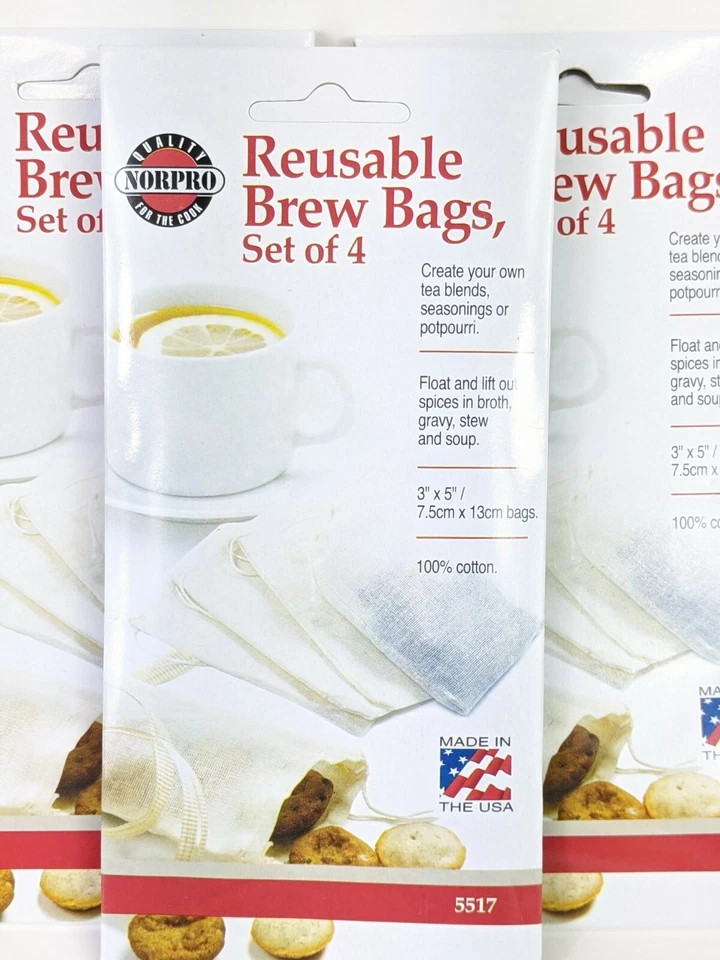 3 Packs of 4 Reusable 5” Norpro Tea Brew Bags Steep Teas Herbs Soups USA Made Foto 2 de 4