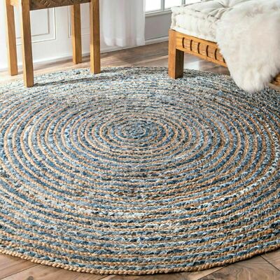 Indianerteppich rund Jute und recycelte Baumwolle jeansblau 90 cm weich und strapazierfähig
