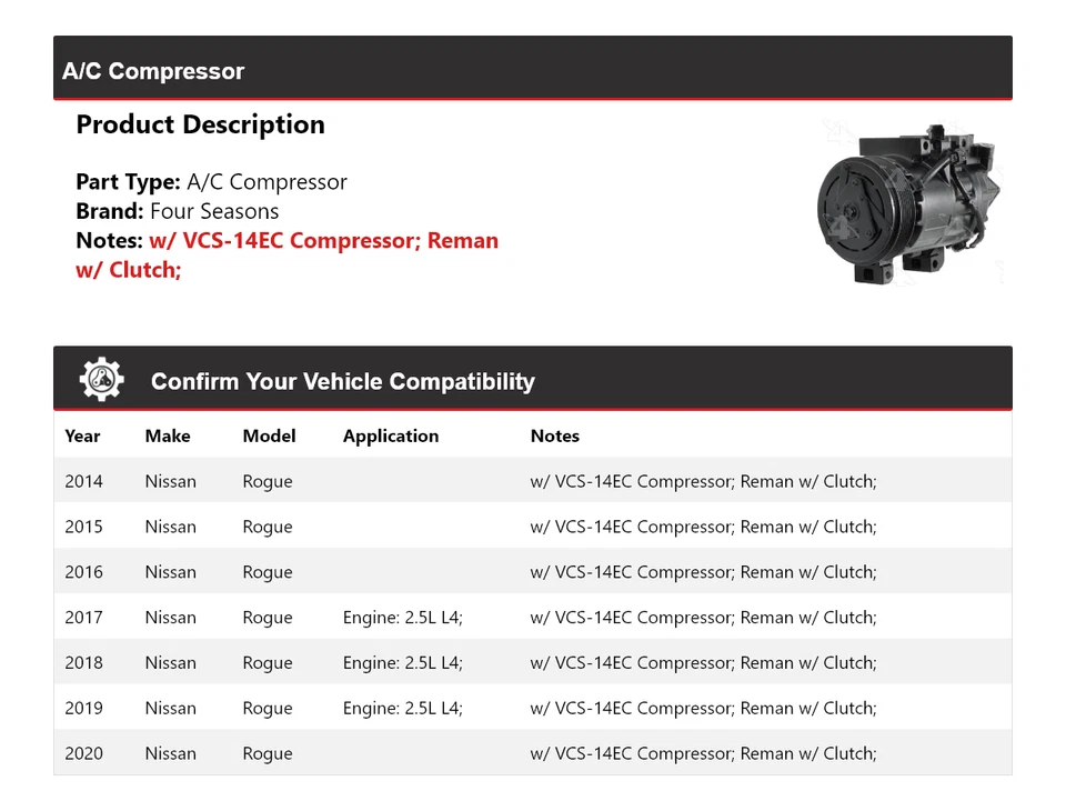 Compresor de aire acondicionado Nissan Rogue 2014-2020 4 estaciones 2015 2016 2017 2018 2019 Foto 2 de 4