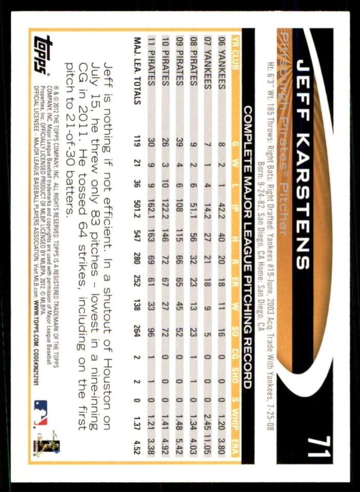 2012 Topps Jeff Karstens Baseball cards #71 - Image 2 of 2