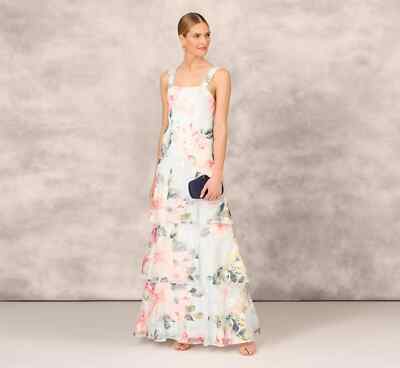 $600 AIDAN MATTOX FLORAL PRINT EMBROIDERED LONG A-LINE GOWN BLUE MULTI SZ 0  PROM | eBay