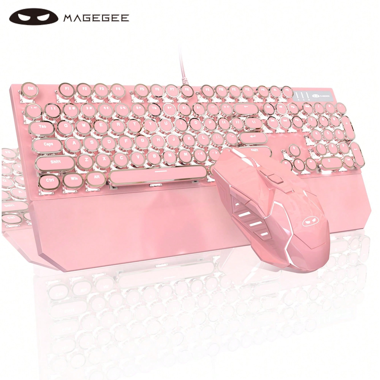 MageGee Typewriter Mechanical Gaming Keyboard And Mouse Combo, Pink Retro Punk R