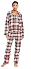 NEW Old Navy Womens White Tartan Plaid 3 Pc Flannel Pajama & Santa Hat Set L NWT