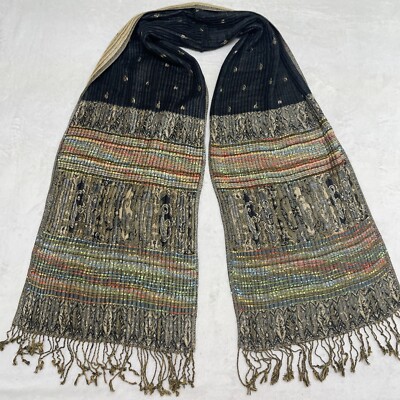 Fringed Boho Chic Scarf Beige Black Ribbed Multicolor Accents 15''x72''