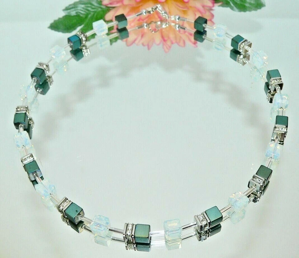 Halskette Würfelkette Würfel Cube Hämatit Petrol blau Opalith Glas Strass 064c - Bild 3 von 4