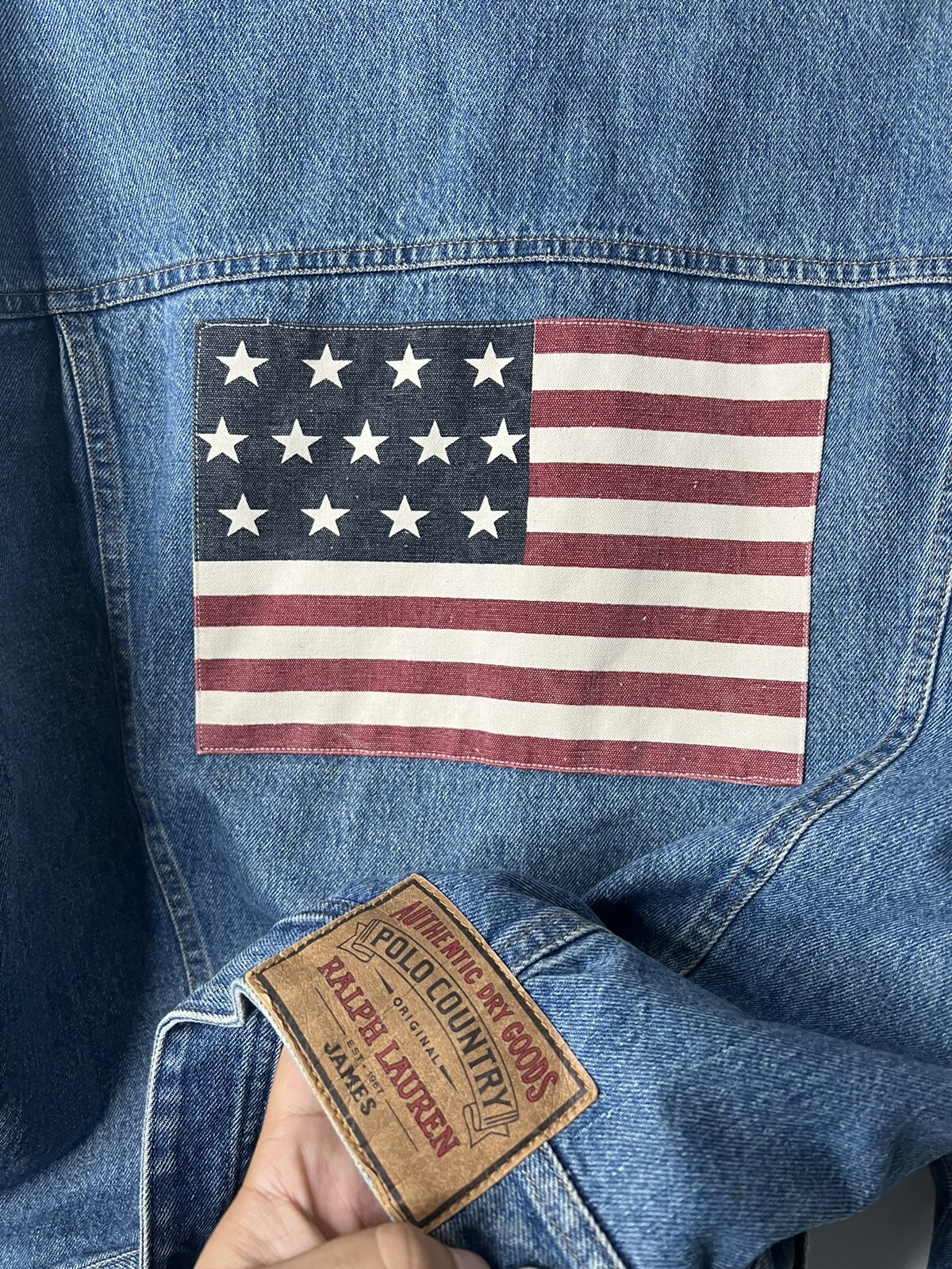 Vintage Polo Ralph Lauren Country Denim Mens Med USA Flag Chore Trucker Jacket