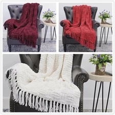 HST Cable Knit Throw Blankets with Tassels Soft Cozy Fluffy Couch Bed Sofa Decor