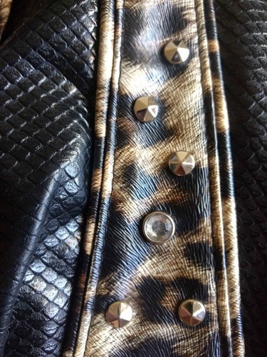KATHY VAN ZEELAND LARGE BLACK WITH LEOPARD TRIM HANDBAG SHOULDER BAG RHINESTONES - Picture 5 of 6
