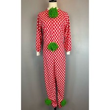 Vintage 1970s Homemade Clown Costume Red White Checked Green Pom Pom Small