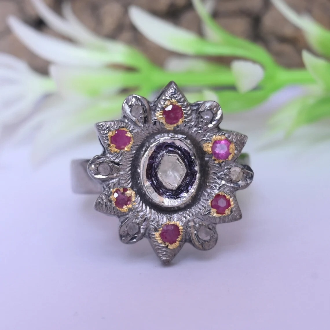 Uncut Polki 925 Sterling Silver Ruby & Pave Diamond Handmade Victorian Ring.