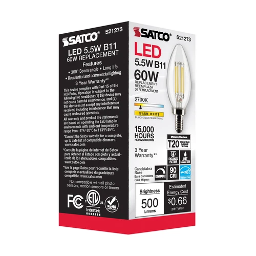 6 Pack Satco S21273 LED Filament 120V 5.5W 60W Torpedo B11 Candelabra E12 2700K - Picture 7 of 12