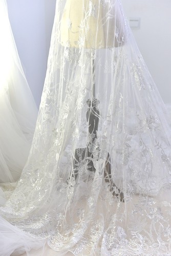 French Chantilly Lace Fabric Embroidered Floral Sequin Wedding Bridal Dress DIY - Picture 4 of 11