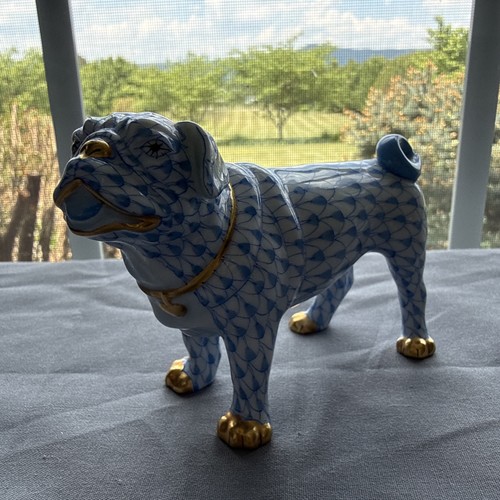 Herend Blue Fishnet with Gold "Pug Lola" Porcelain Figurine PRISTINE
