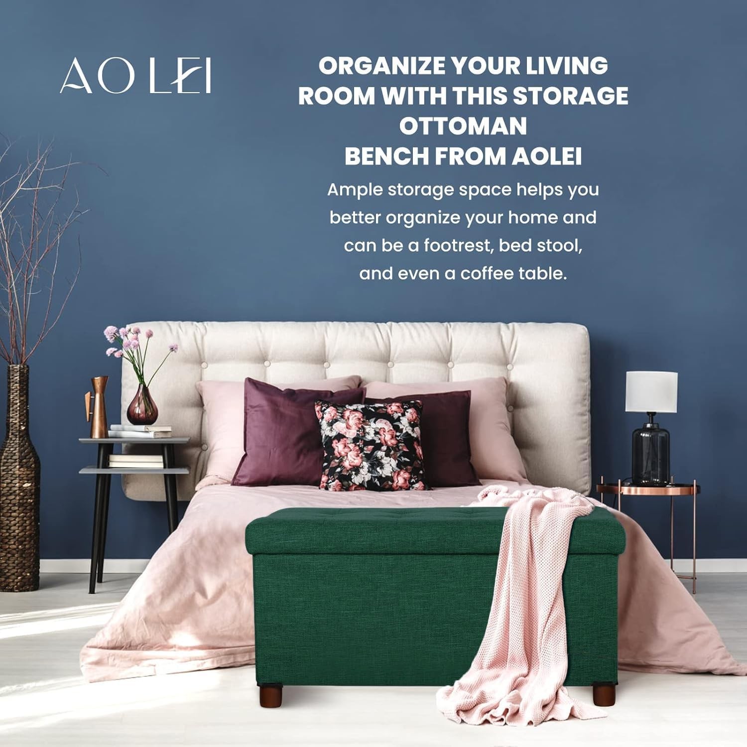 30" Linen Storage Ottoman Bench with Wooden Legs, Removable Lid