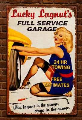 Vintage Blechschild ''Lucky Lugnut's Full Service Garage'' - Pin-Up Garag 20x30cm